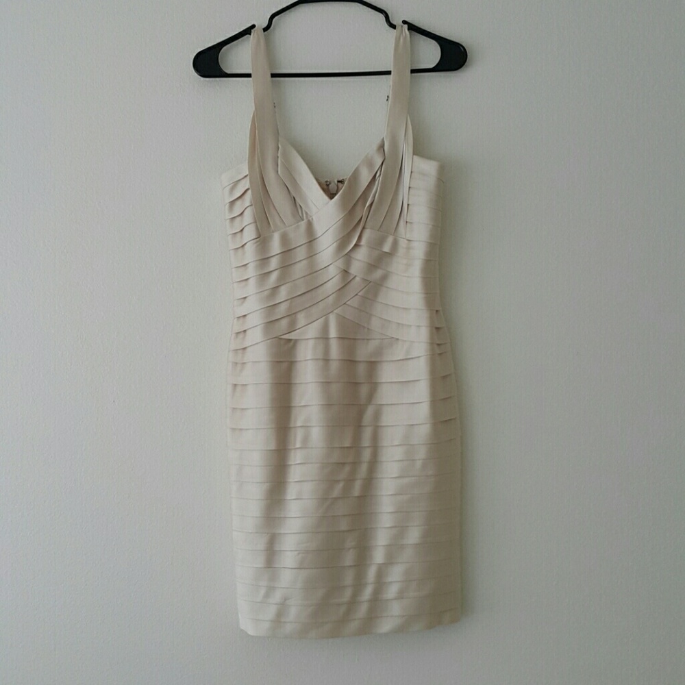 BCBG Maxazria champagne pleated layered dress